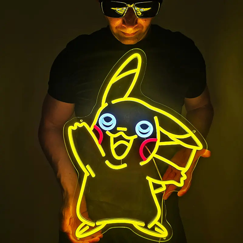 Zweifarbiges Pokémon Neon-Logo mit gelben Konturen und roten Akzenten für die Wangen
