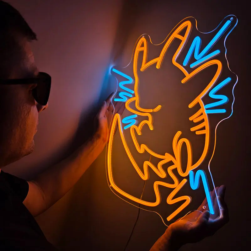Pikachu Neon Schild Blitze gelb-blau – Pokémon Deko für E-Sports Lounge