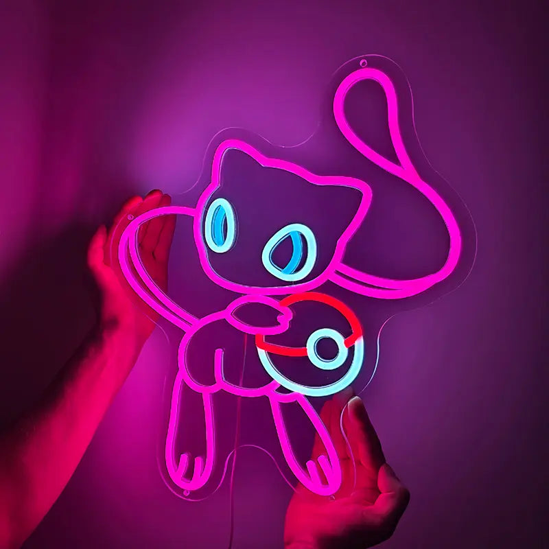 Das legendäre Pokémon Mew als stilvolles Neon-Logo mit Pokeball – perfekt für Twitch-Hintergründe und Zockerzimmer.