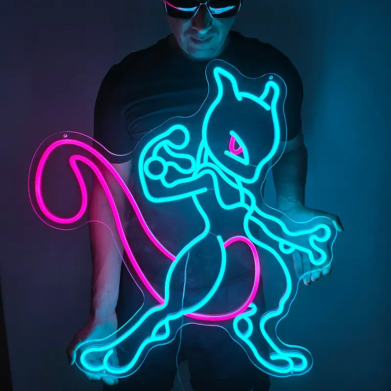 Leuchtendes Neon-Schild des legendären Pokémon Mewtu mit cyanfarbenem Körper und magenta-pinkem Schweif