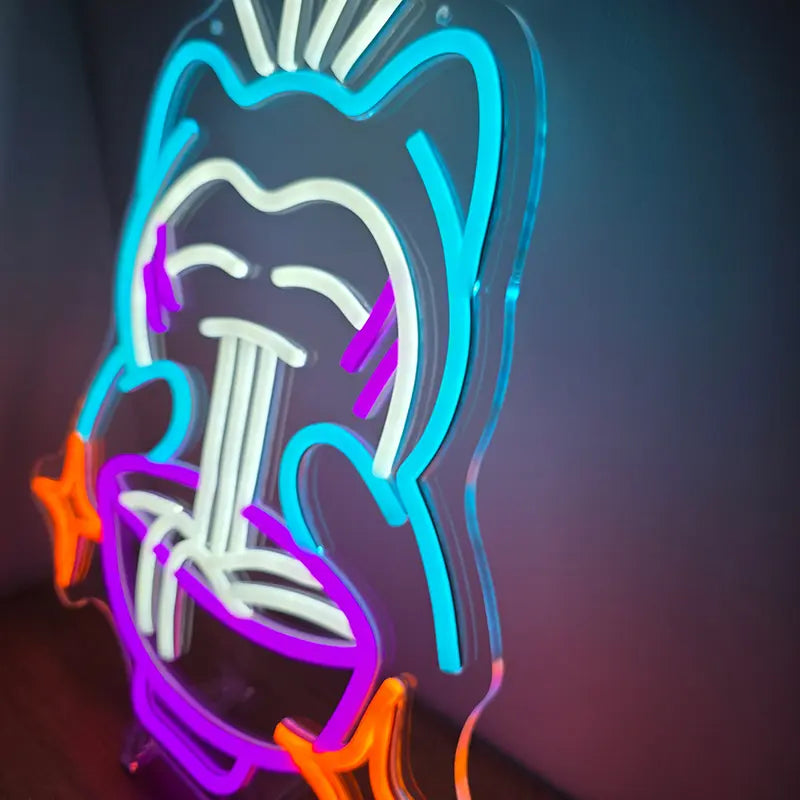 Stilisiertes Pokémon Neon-Logo von Relaxo mit geschlossenen Augen und einer dampfenden Nudelsuppe