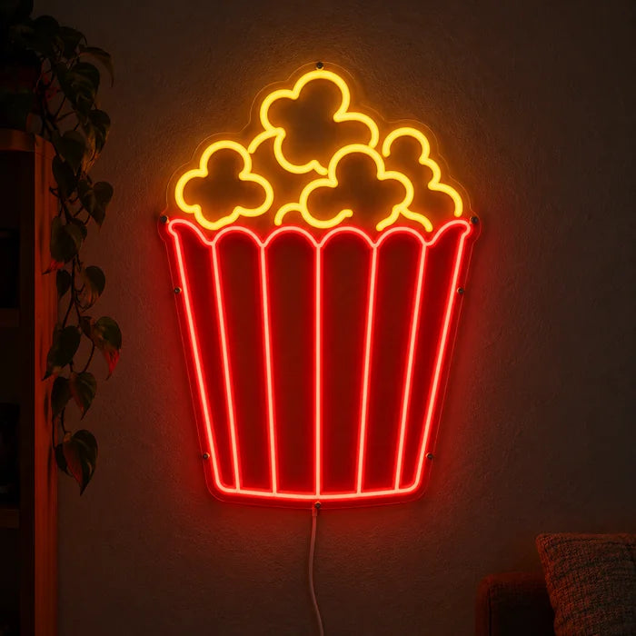 Popcorn Neon LED Sign glowing on a dark wall, close-up with connection cable