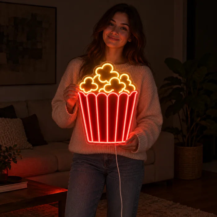 Popcorn Neon LED Sign held by a woman, showing its size compared to her body