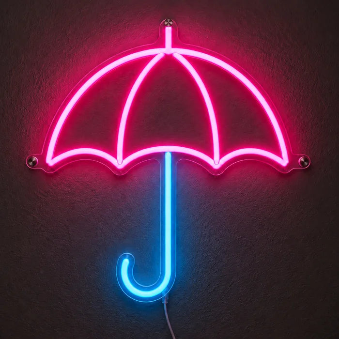 Umbrella Neon LED Sign glowing on a dark wall, close-up with connection cable