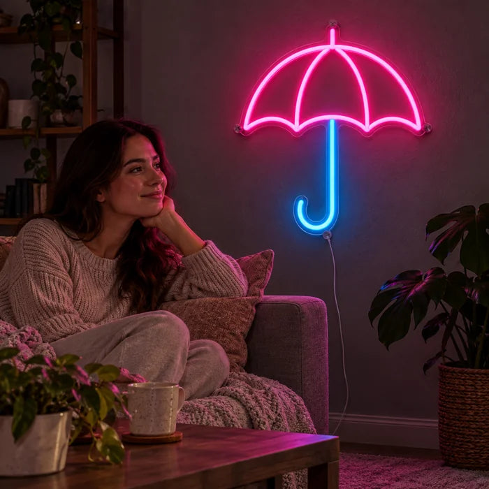 Umbrella Neon LED Sign on a living room wall, a person relaxing on the sofa in front of it