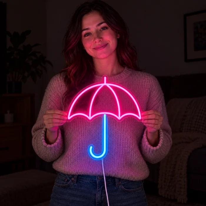 Umbrella Neon LED Sign held by a smiling woman against a dark background