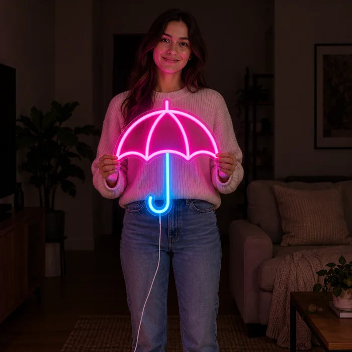 Umbrella Neon LED Sign held by a woman, showing its size compared to her body