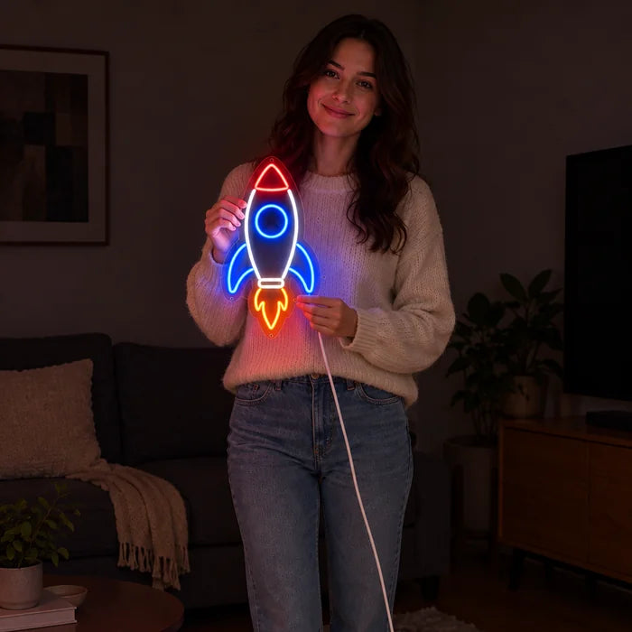 Retro Rocket Neon LED Sign held by a woman, showing its size compared to her body