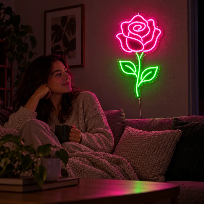 Rose Light Neon LED Sign on a living room wall, a person relaxing on the sofa in front of it