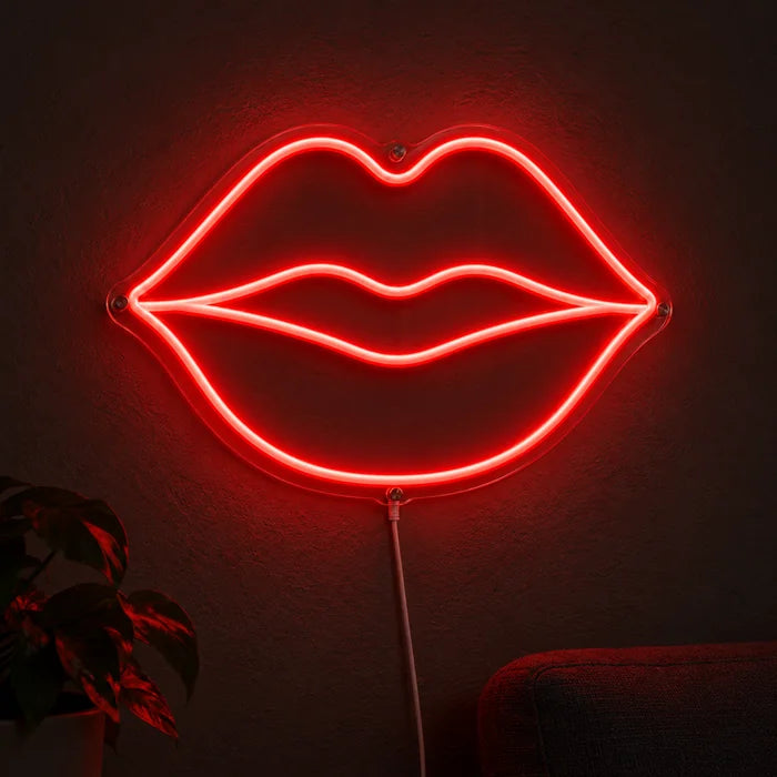 Red Lips Neon LED Sign glowing on a dark wall, close-up with connection cable