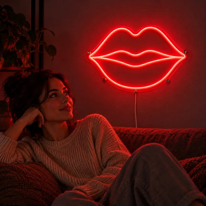 Red Lips Neon LED Sign on a living room wall, a person relaxing on the sofa in front of it