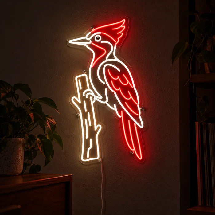 Red Woodpecker Neon LED Sign glowing on a dark wall, close-up with connection cable