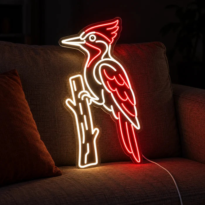 Red Woodpecker Neon LED Sign on a cosy sofa between cushions and a throw