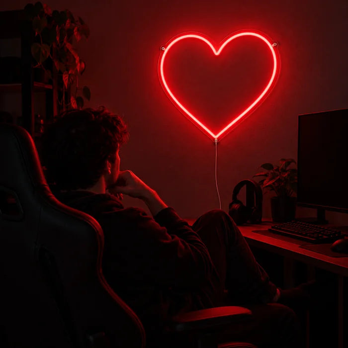 Red Heart Neon LED Sign above a gaming desk, a gamer in a gaming chair in front of it