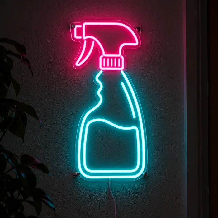 Clean Magic Neon LED Sign glowing on a dark wall, close-up with connection cable