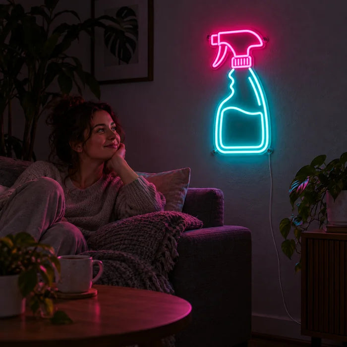 Clean Magic Neon LED Sign on a living room wall, a person relaxing on the sofa in front of it