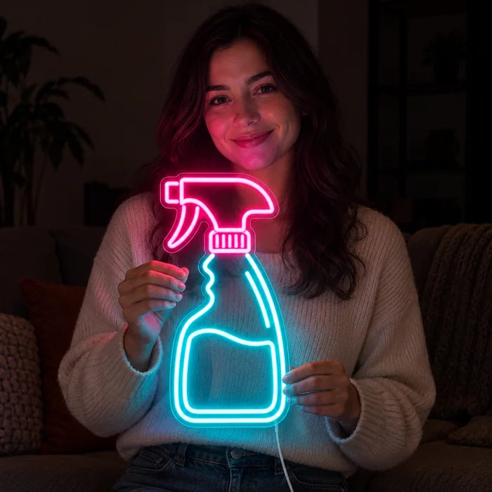 Clean Magic Neon LED Sign held by a smiling woman against a dark background