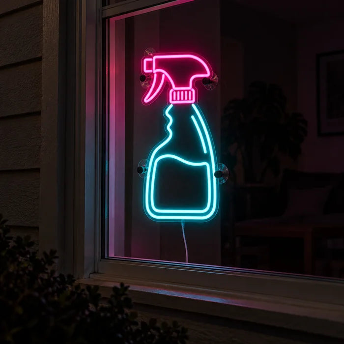 Clean Magic Neon LED Sign in a window, seen from the street at night