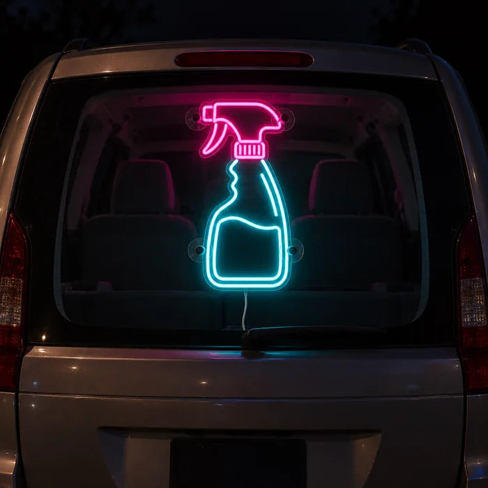Clean Magic Neon LED Sign on the rear window of a car at night