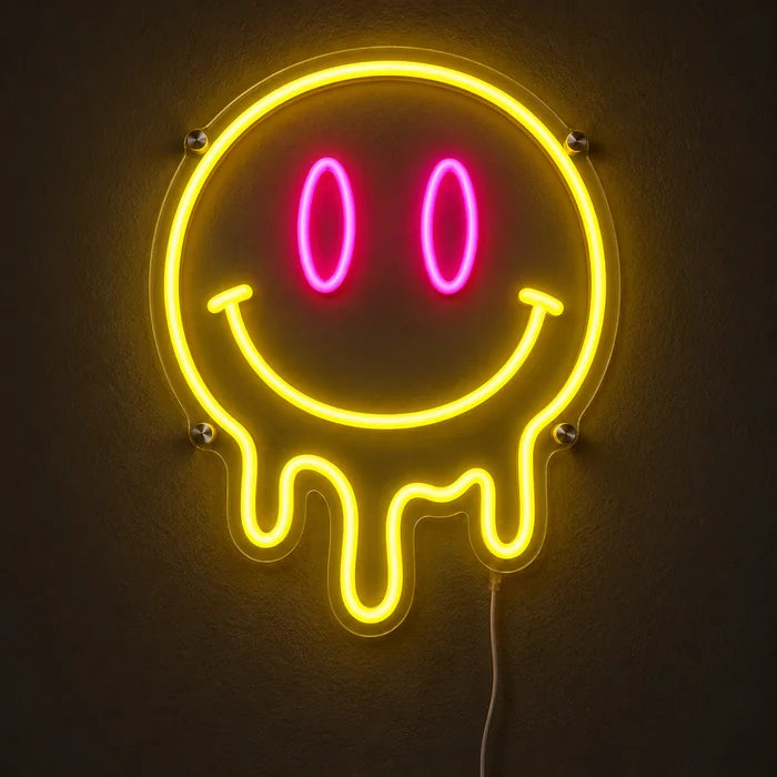 Melting Smiley Neon LED Sign glowing on a dark wall, close-up with connection cable