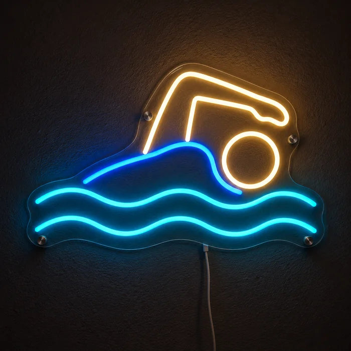 Swimmer Neon LED Sign glowing on a dark wall, close-up with connection cable