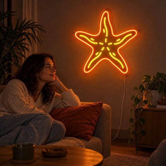 Starfish Neon LED Sign on a living room wall, a person relaxing on the sofa in front of it