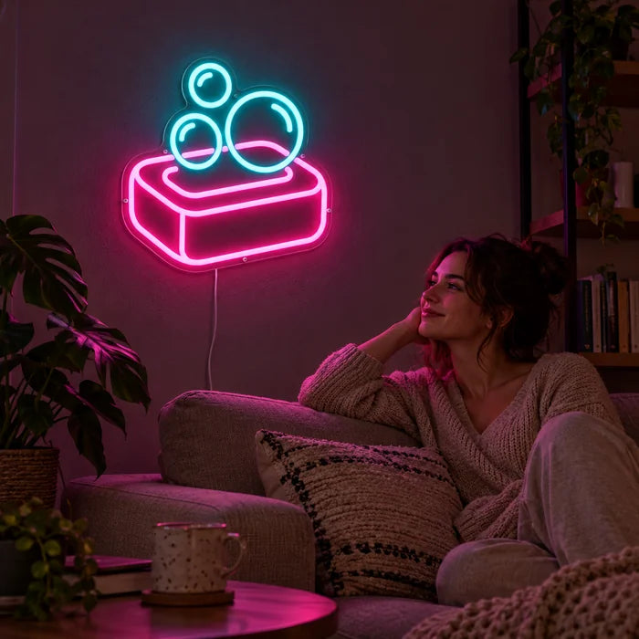 Soap Bubbles Neon LED Sign on a living room wall, a person relaxing on the sofa in front of it