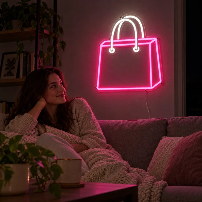 Shopping Bag Neon LED Sign on a living room wall, a person relaxing on the sofa in front of it