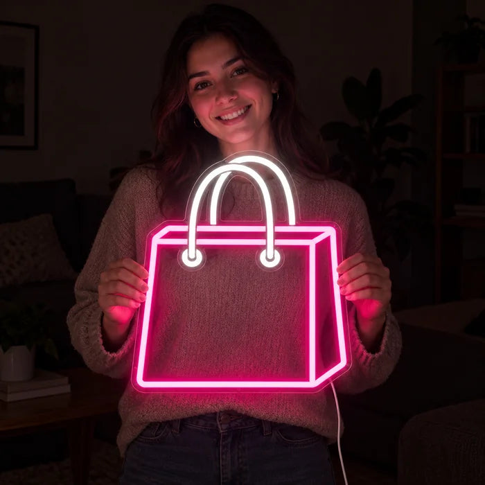 Shopping Bag Neon LED Sign held by a smiling woman against a dark background
