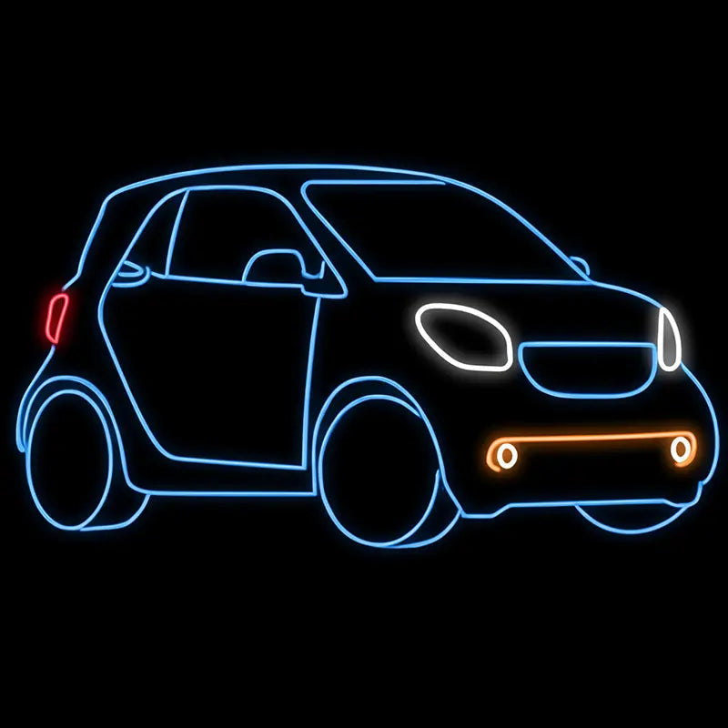 SMART Fortwo Neon Schild – Stadtauto-Outline für Werkstatt und Showroom