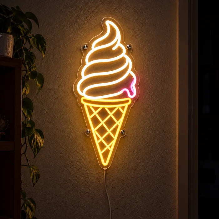 Soft Serve Ice Cream Neon LED Sign glowing on a dark wall, close-up with connection cable