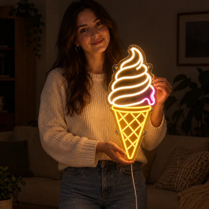 Soft Serve Ice Cream Neon LED Sign held by a woman, showing its size compared to her body