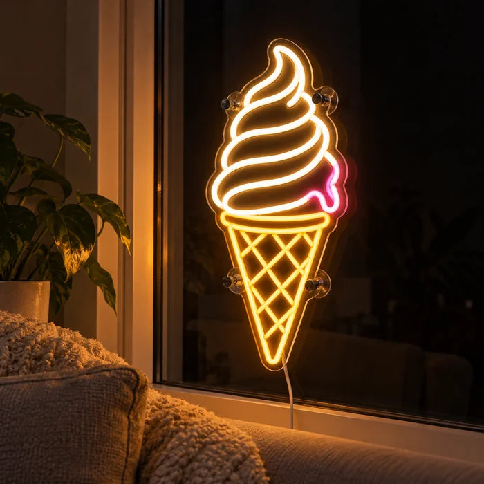 Soft Serve Ice Cream Neon LED Sign in the window of a cosy living room in the evening