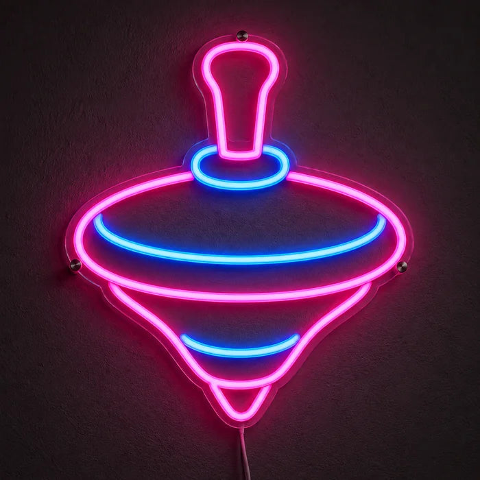 Spinning Top Neon LED Sign glowing on a dark wall, close-up with connection cable