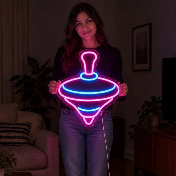 Spinning Top Neon LED Sign held by a woman, showing its size compared to her body