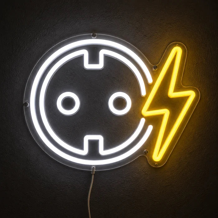 Socket with Lightning Bolt Neon LED Sign glowing on a dark wall, close-up with connection cable