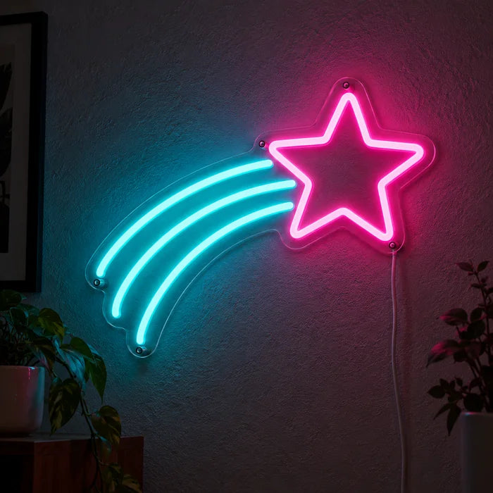 Shooting Star Neon LED Sign glowing on a dark wall, close-up with connection cable