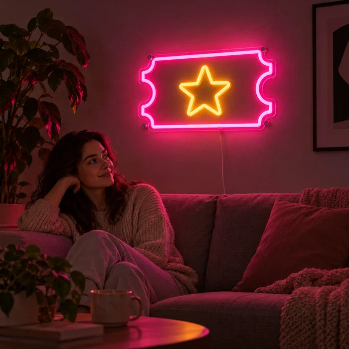 Star Ticket Neon LED Sign on a living room wall, a person relaxing on the sofa in front of it