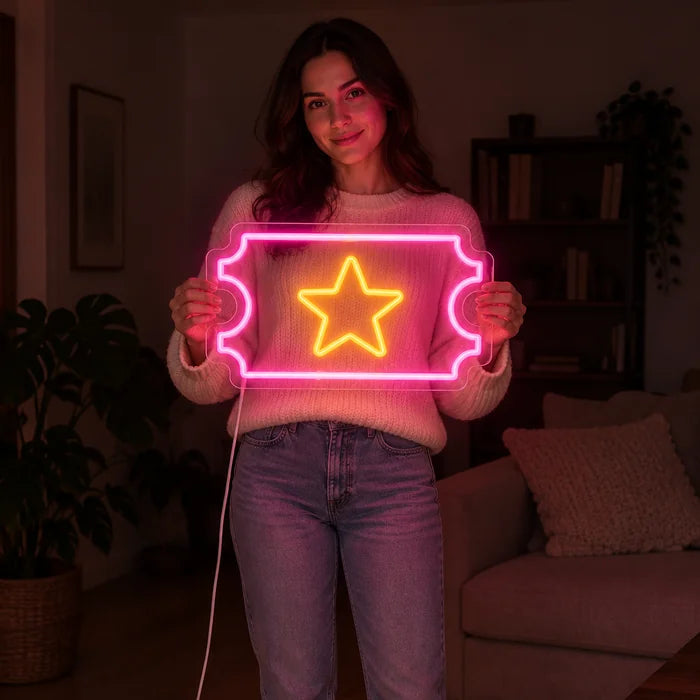 Star Ticket Neon LED Sign held by a woman, showing its size compared to her body