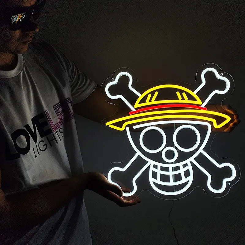 Strohhut Totenkopf Neon LED Schild – One Piece Edition als Geschenk für Anime-Fans