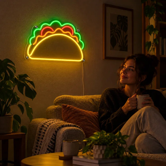 Taco Time Neon LED Sign on a living room wall, a person relaxing on the sofa in front of it