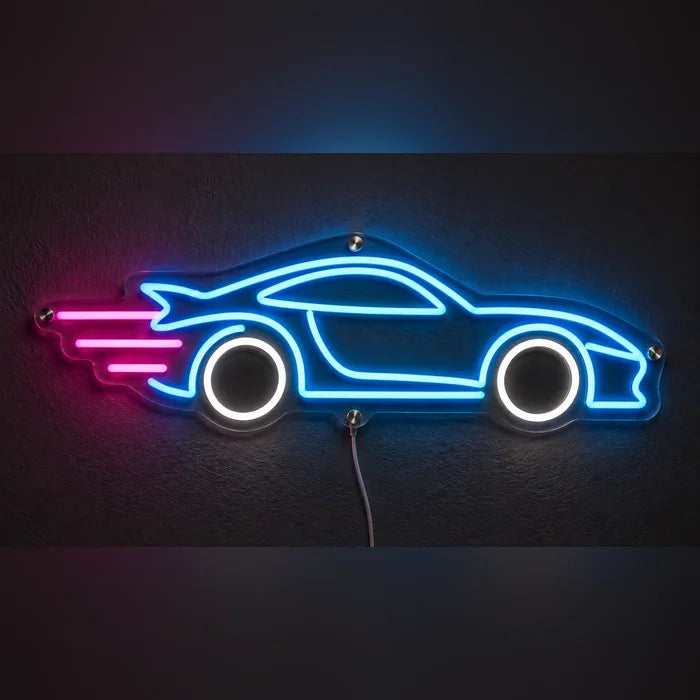 Speed Roadster Neon LED Sign glowing on a dark wall, close-up with connection cable