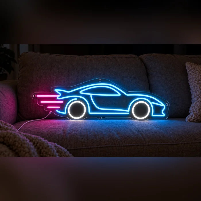 Speed Roadster Neon LED Sign on a cosy sofa between cushions and a throw
