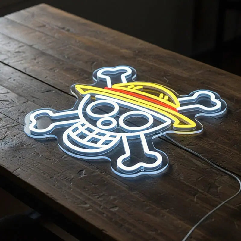 Strohhut Totenkopf Neon LED Schild 12V – buntes Piraten-Leuchtschild für One Piece Fans