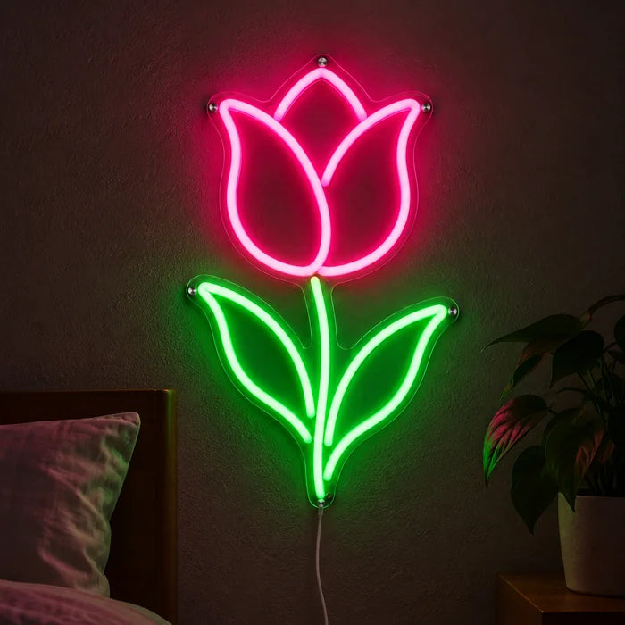 Tulip Neon LED Sign glowing on a dark wall, close-up with connection cable