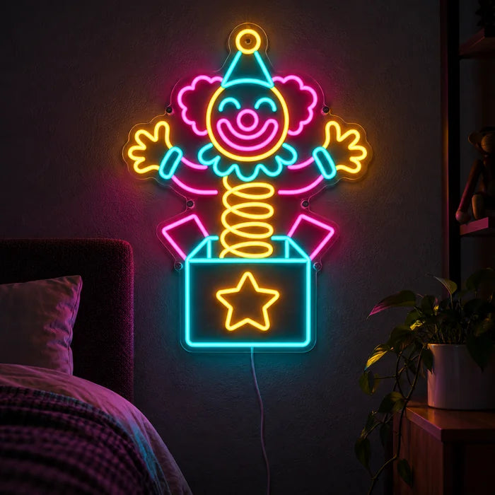 Surprise Clown Neon LED Sign glowing on a dark wall, close-up with connection cable