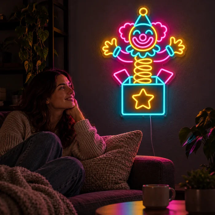 Surprise Clown Neon LED Sign on a living room wall, a person relaxing on the sofa in front of it