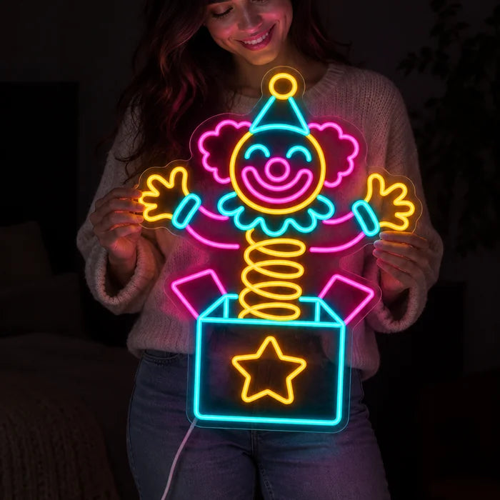 Surprise Clown Neon LED Sign held by a woman, showing its size compared to her body