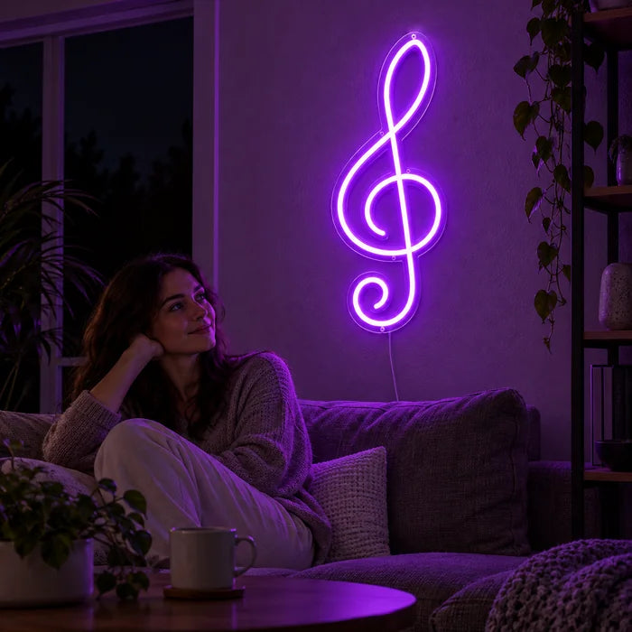 Treble Clef Neon LED Sign on a living room wall, a person relaxing on the sofa in front of it
