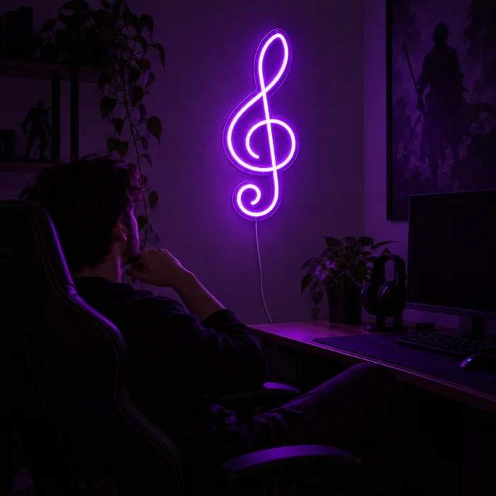 Treble Clef Neon LED Sign above a gaming desk, a gamer in a gaming chair in front of it